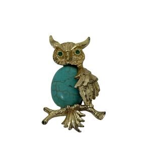 Vintage GERRY'S Gold tone Jelly Belly Owl Brooch Pin Faux Turquoise Crystal Eyes